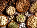 Variedad de frutos secos en cuencos: almendras, nueces, pistachos, anacardos, cacahuetes, avellanas y semillas de calabaza. ¡Perfectos para activar frutos secos!