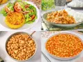 Cuatro platos deliciosos con garbanzos, mostrando sus versátiles garbanzos beneficios en guisos, ensaladas y como hamburguesa.