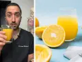 Doctor muestra vaso de zumo de naranja natural, discutiendo sus calorías. Naranjas frescas y un vaso de jugo brillante.