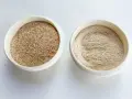 Dos recipientes blancos con psyllium: uno con cáscaras y otro en polvo. Descubre qué es el psyllium.