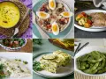 Collage de seis platos: sopa amarilla, ensalada de judías, carne con verduras, pescado al horno, lasaña de calabacín y edamame. Ideas de recetas saludables para comer.