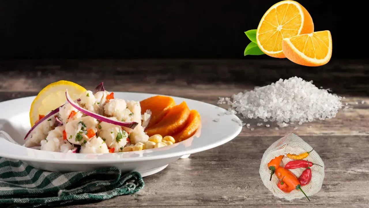 Delicioso ceviche de corvina con camote, choclo, limón, ajíes y sal.