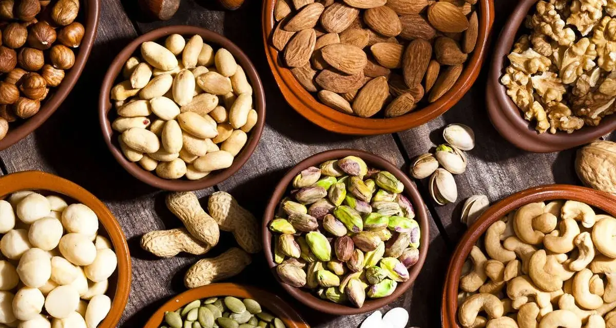 Variedad de frutos secos en cuencos: almendras, nueces, pistachos, anacardos, cacahuetes, avellanas y semillas de calabaza. ¡Perfectos para activar frutos secos!