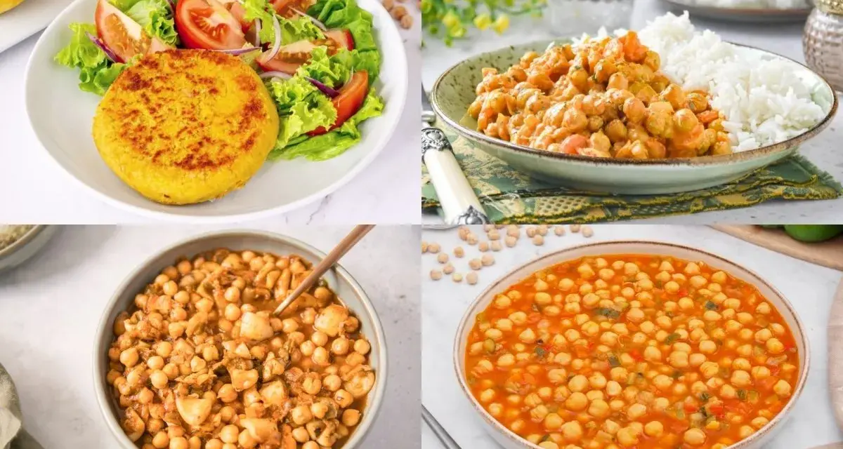 Cuatro platos deliciosos con garbanzos, mostrando sus versátiles garbanzos beneficios en guisos, ensaladas y como hamburguesa.