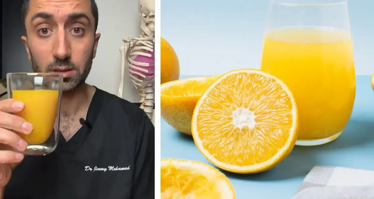 Doctor muestra vaso de zumo de naranja natural, discutiendo sus calorías. Naranjas frescas y un vaso de jugo brillante.