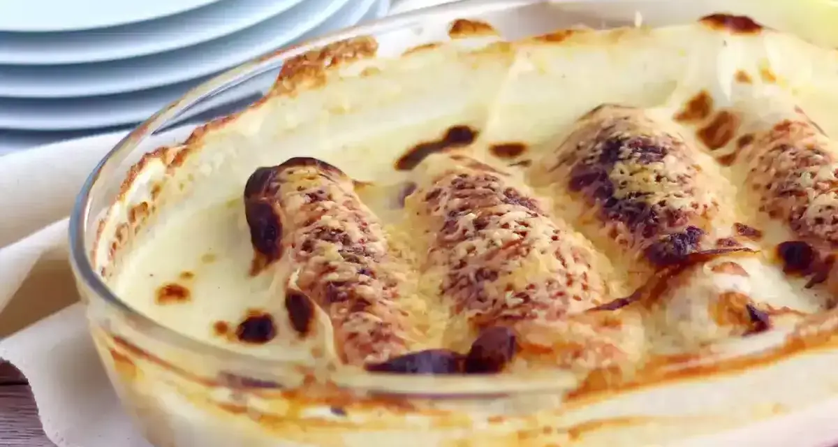 Endivias gratinadas en salsa bechamel, un clásico de las endivias recetas, con queso dorado y burbujeante.