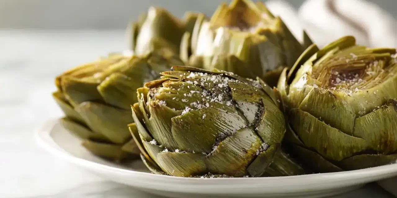 Alcachofas tiernas y sabrosas, recién salidas de la airfryer, espolvoreadas con sal gruesa.