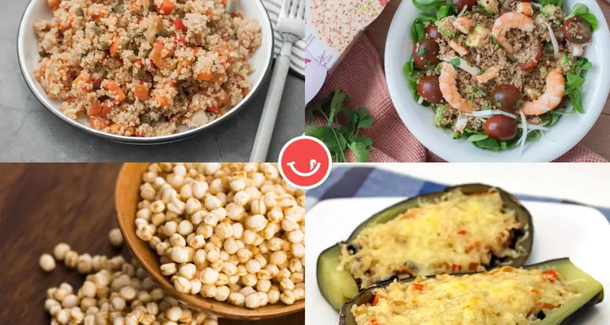 Platos deliciosos con quinoa: ensalada con camarones, berenjenas rellenas y granos de quinoa. ¡Descubre qué es la quinoa!