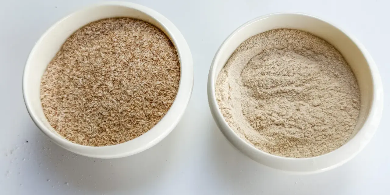 Dos recipientes blancos con psyllium: uno con cáscaras y otro en polvo. Descubre qué es el psyllium.