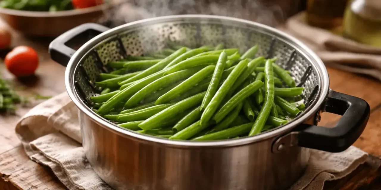 Judías verdes frescas y vibrantes humeando en una vaporera de metal, listas para ser parte de una comida saludable.