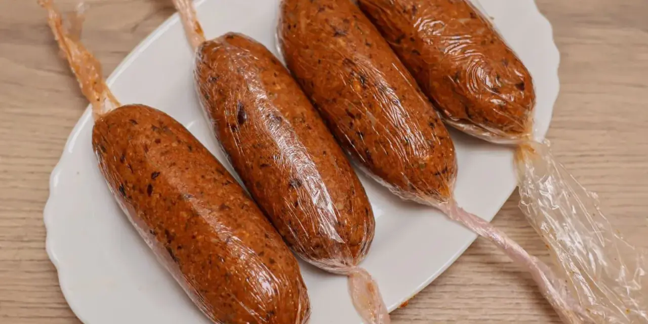 Cuatro chorizos veganos envueltos en plástico transparente, listos para cocinar.
