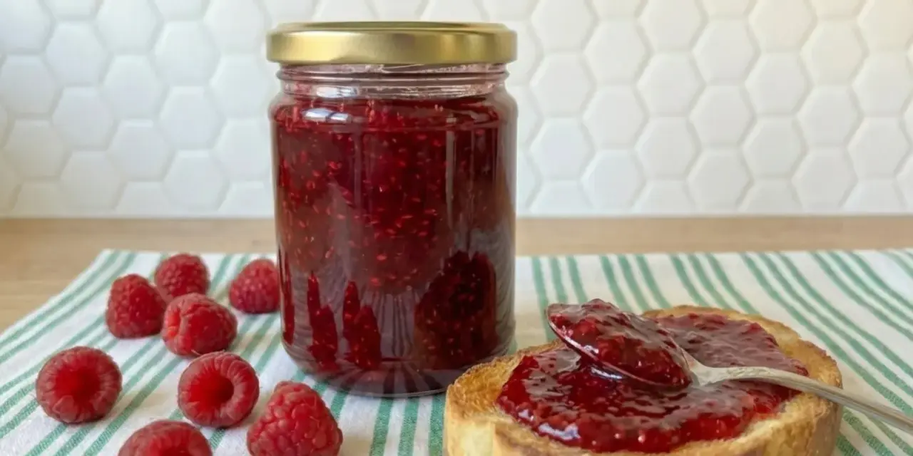 Tarro de mermelada de frambuesa casera, con frambuesas frescas y una tostada untada.