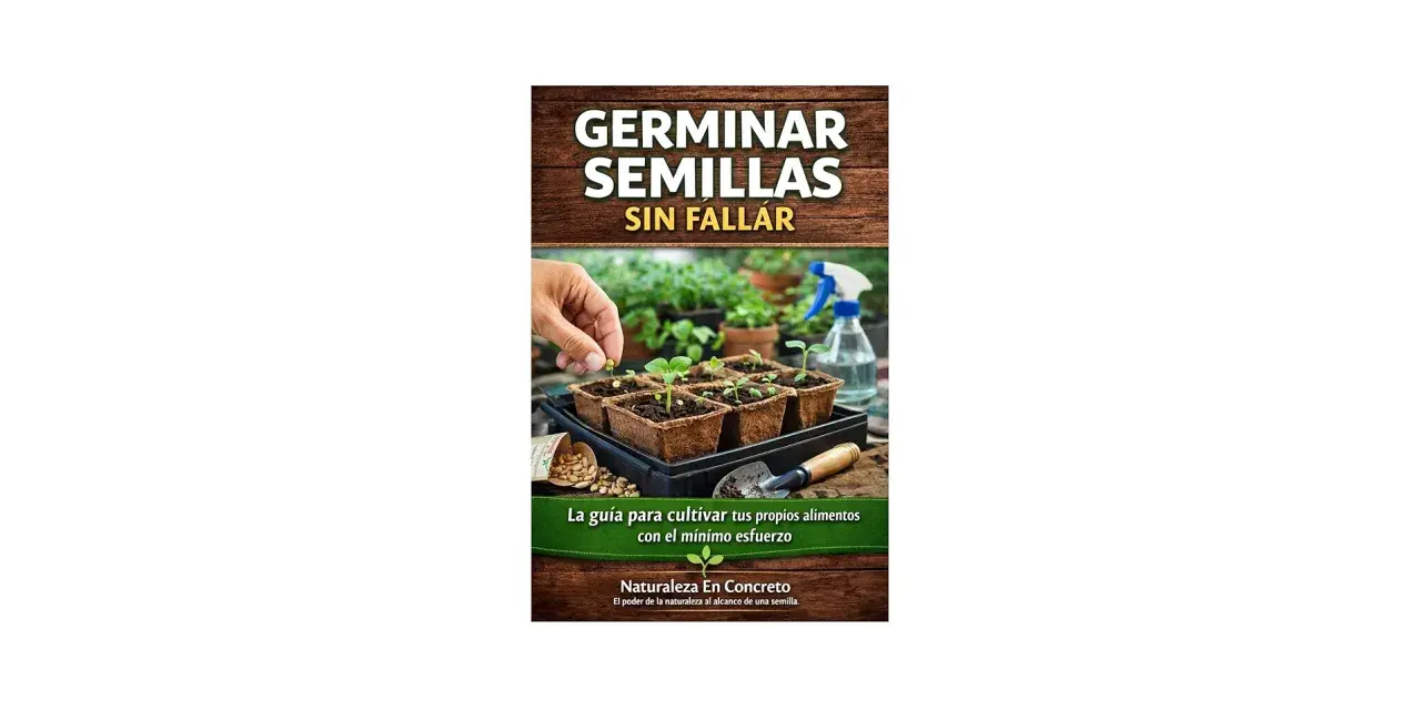 Guía para germinar semillas sin fallar, mostrando manos plantando brotes en macetas y una botella rociadora.