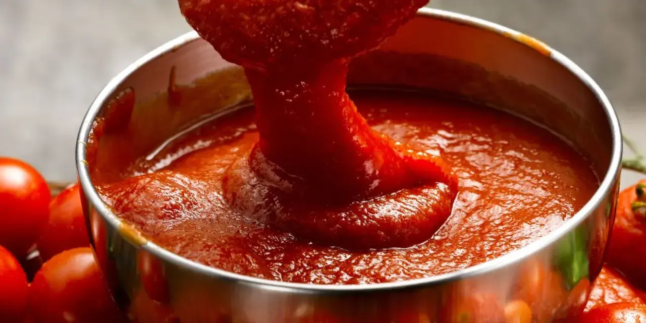 Salsa de tomate italiano espesa cayendo de una cuchara a un cuenco metálico, rodeado de tomates frescos.