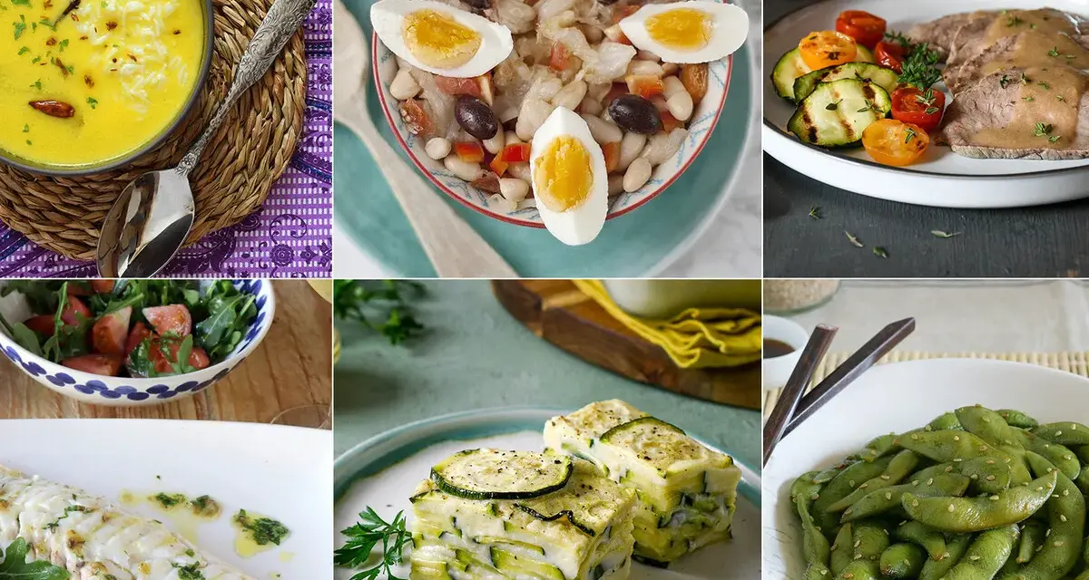 Collage de seis platos: sopa amarilla, ensalada de judías, carne con verduras, pescado al horno, lasaña de calabacín y edamame. Ideas de recetas saludables para comer.
