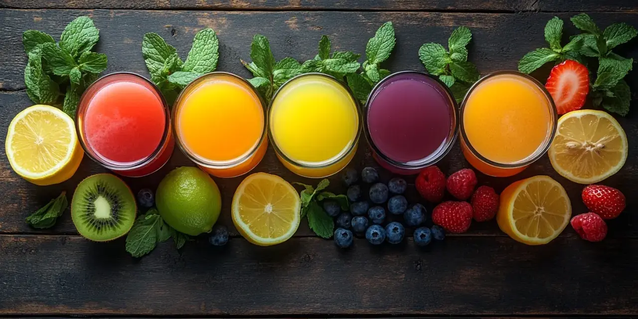 Cinco vasos de zumos de colores vibrantes, rodeados de frutas frescas como limones, kiwis, fresas, frambuesas y arándanos. Una opción saludable de zumos para la anemia.