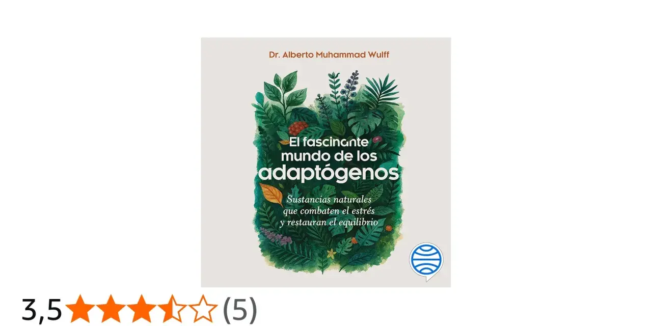 Ilustración de un libro sobre adaptógenos naturales, con plantas exuberantes y el título "El fascinante mundo de los adaptógenos".