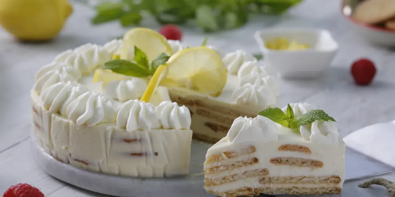 La mejor tarta de limón con leche condensada, decorada con crema batida, rodajas de limón y menta. ¡Un postre refrescante y delicioso!