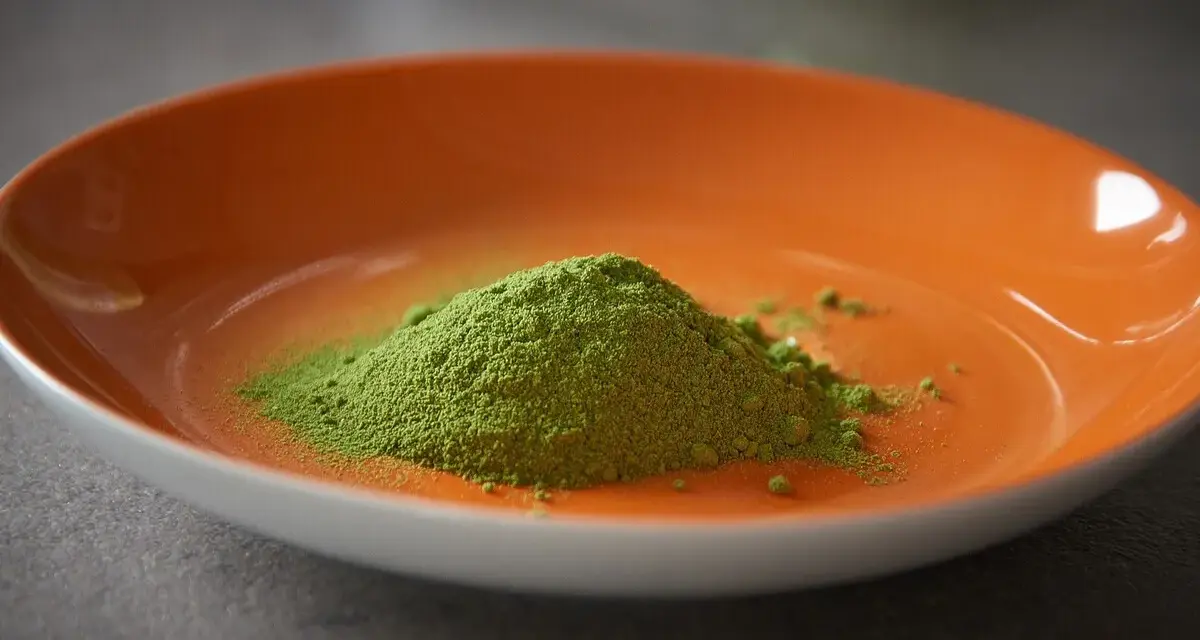 Montículo de polvo verde vibrante, polvo de moringa, en un plato naranja brillante.