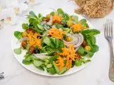 Deliciosa ensalada mediterránea con lechuga, tomate, aceitunas, cebolla morada y zanahoria rallada.