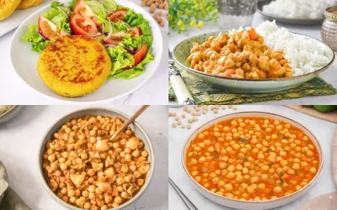 Cuatro platos deliciosos con garbanzos, mostrando sus versátiles garbanzos beneficios en guisos, ensaladas y como hamburguesa.