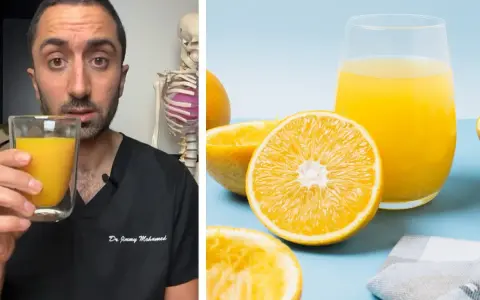 Doctor muestra vaso de zumo de naranja natural, discutiendo sus calorías. Naranjas frescas y un vaso de jugo brillante.