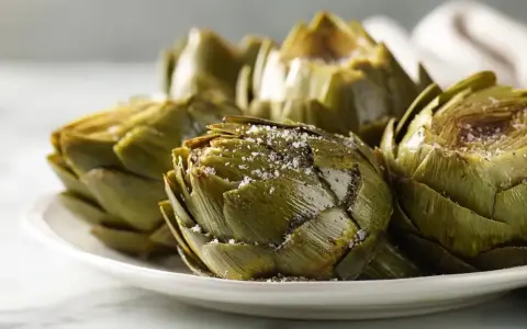 Alcachofas tiernas y sabrosas, recién salidas de la airfryer, espolvoreadas con sal gruesa.