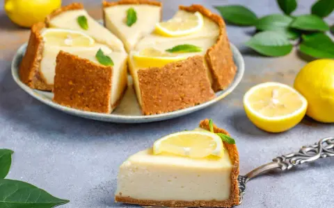 Deliciosa tarta de limón sin horno, cremosa y refrescante, decorada con rodajas de limón y hojas de menta.