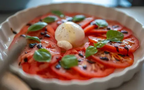 Ensalada Caprese con rodajas de tomate, mozzarella fresca y hojas de albahaca. Perfecta para recetas con albahaca fresca.