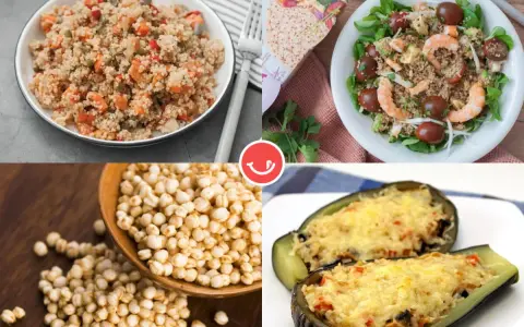 Platos deliciosos con quinoa: ensalada con camarones, berenjenas rellenas y granos de quinoa. ¡Descubre qué es la quinoa!