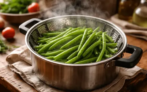 Judías verdes frescas y vibrantes humeando en una vaporera de metal, listas para ser parte de una comida saludable.