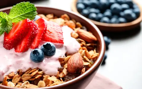 Un tazón de qué es la granola, cubierto con yogur de fresa, fresas, arándanos y almendras.