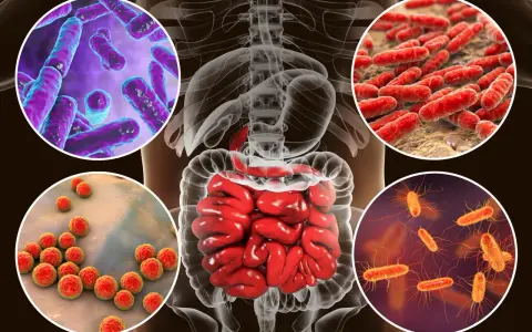 Microorganismos que influyen en la salud intestinal, mostrando bacterias en el intestino humano.
