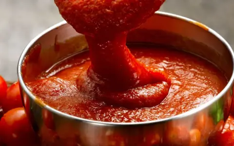 Salsa de tomate italiano espesa cayendo de una cuchara a un cuenco metálico, rodeado de tomates frescos.