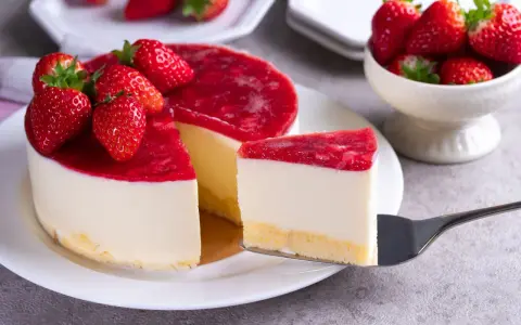 Deliciosa tarta de queso con frutos rojos, cubierta con una capa brillante de mermelada de fresa y decorada con fresas frescas.