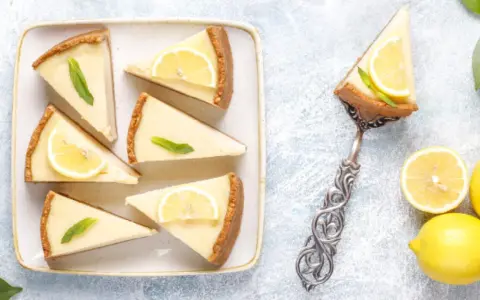 Porciones de pay de limón, decoradas con rodajas de limón y menta. ¡Perfectas para tu próxima receta de pay de limón!