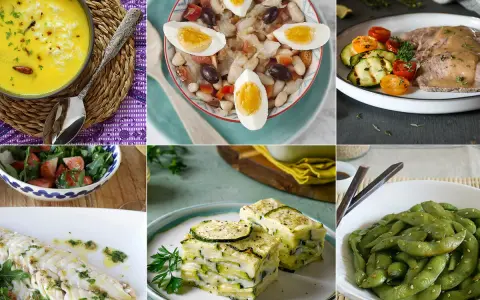 Collage de seis platos: sopa amarilla, ensalada de judías, carne con verduras, pescado al horno, lasaña de calabacín y edamame. Ideas de recetas saludables para comer.