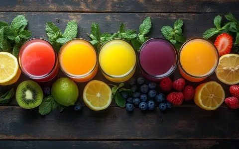 Cinco vasos de zumos de colores vibrantes, rodeados de frutas frescas como limones, kiwis, fresas, frambuesas y arándanos. Una opción saludable de zumos para la anemia.