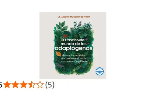 Ilustración de un libro sobre adaptógenos naturales, con plantas exuberantes y el título "El fascinante mundo de los adaptógenos".