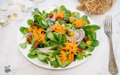 Deliciosa ensalada mediterránea con lechuga, tomate, aceitunas, cebolla morada y zanahoria rallada.