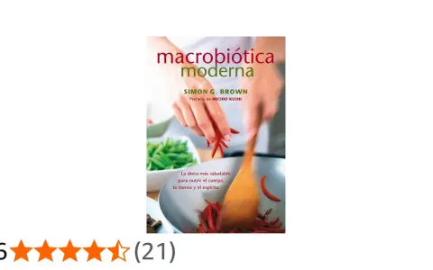 Portada del libro "Macrobiótica Moderna" de Simon G. Brown, con manos cocinando chiles. Explora la dieta macrobiótica para nutrir cuerpo, mente y espíritu.