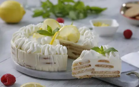 La mejor tarta de limón con leche condensada, decorada con crema batida, rodajas de limón y menta. ¡Un postre refrescante y delicioso!