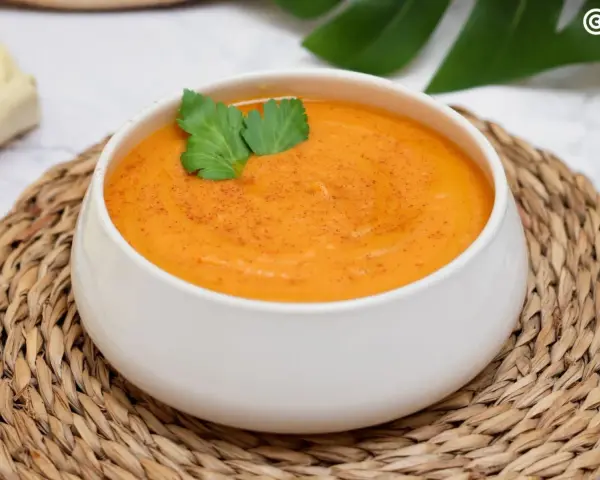 Crema de batata cremosa y reconfortante, espolvoreada con pimentón y decorada con perejil fresco.