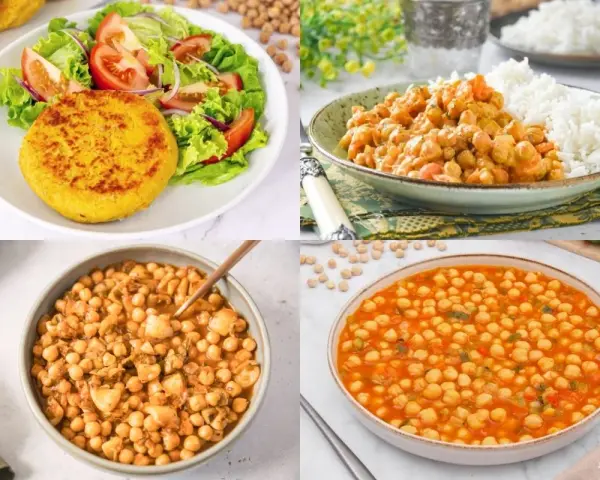 Cuatro platos deliciosos con garbanzos, mostrando sus versátiles garbanzos beneficios en guisos, ensaladas y como hamburguesa.