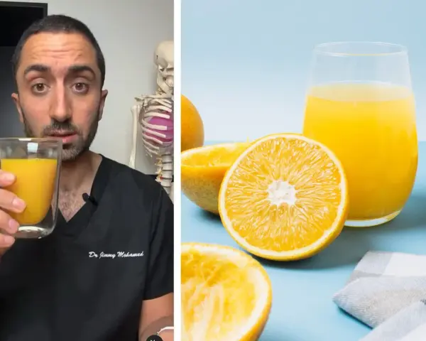 Doctor muestra vaso de zumo de naranja natural, discutiendo sus calorías. Naranjas frescas y un vaso de jugo brillante.