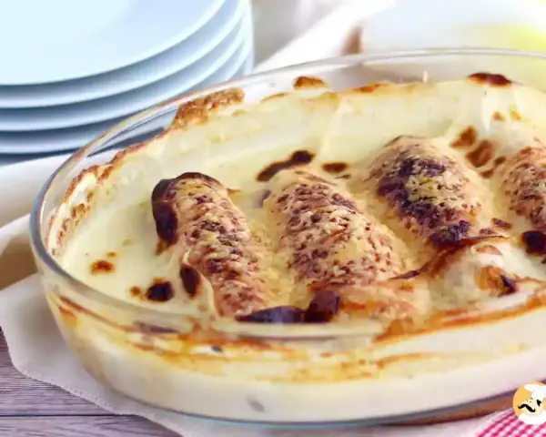 Endivias gratinadas en salsa bechamel, un clásico de las endivias recetas, con queso dorado y burbujeante.