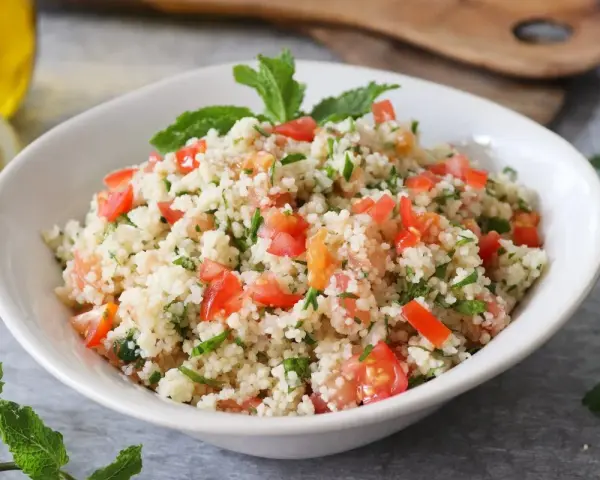 Delicioso tabule receta, con cuscús, tomate fresco, perejil y menta, listo para servir.