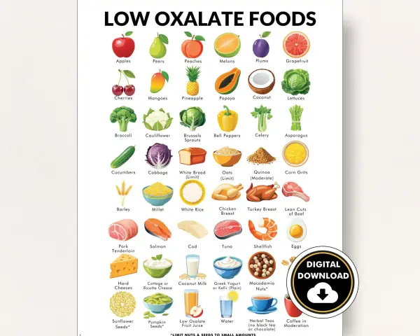Lista de alimentos bajos en oxalatos que son: frutas, verduras, carnes, pescados, lácteos y granos.