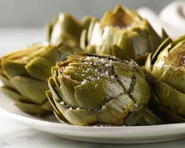 Alcachofas tiernas y sabrosas, recién salidas de la airfryer, espolvoreadas con sal gruesa.