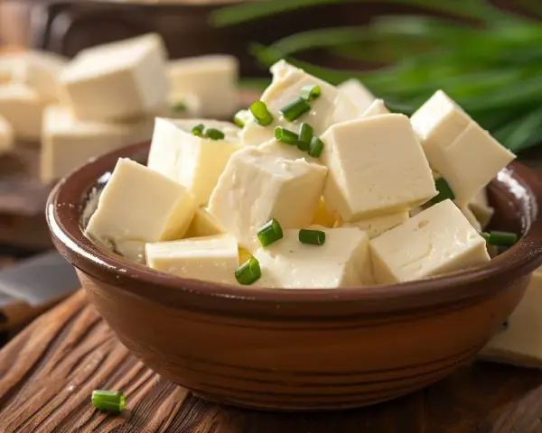 Tofu cortado en cubos, listo para aprender como cocinar tofu. Decorado con cebollín verde.